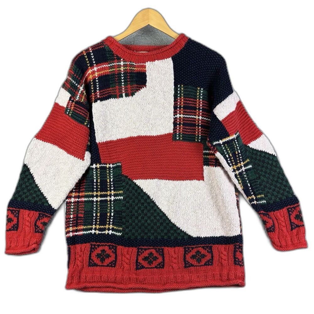 VTG ChristmasSweater Plaid Size M Ramie Cotton Tartan Marsh Landing Hand Knits‎